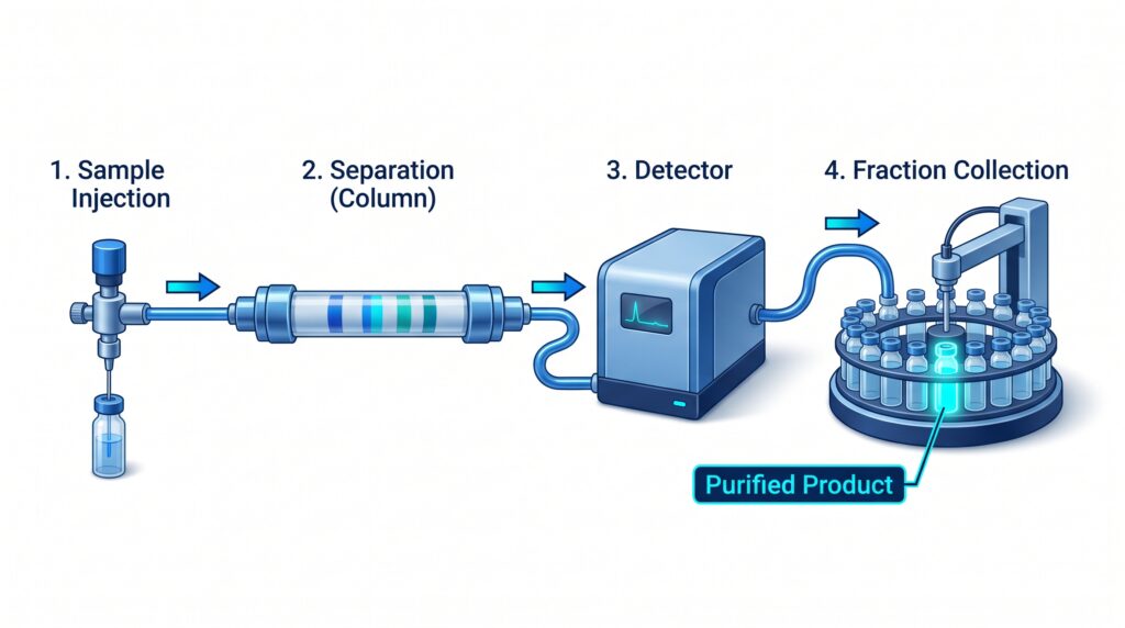 Preparative flow path ending at the fraction collector