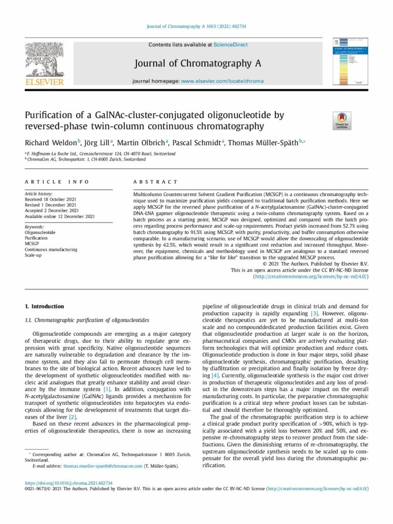 Reinigung eines GalNAc-Cluster-konjugierten Oligonukleotids mittels umgekehrtphasiger kontinuierlicher Zweikolonnenchromatographie, J. Chromatogr. A