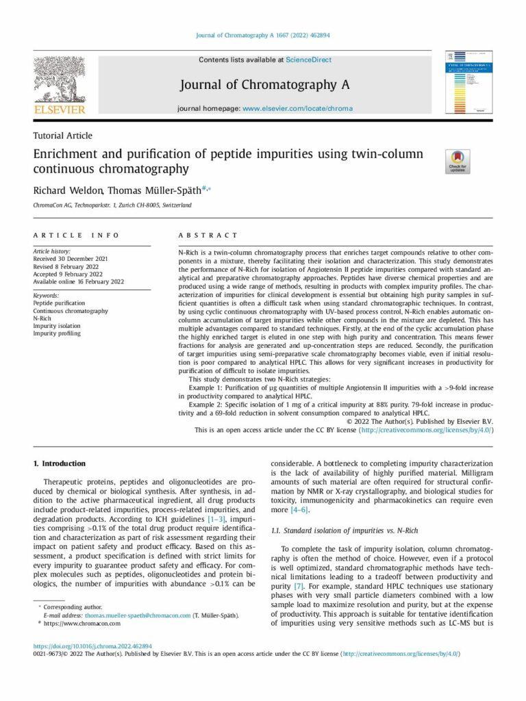 Enrichment and purification of peptide impurities using twin-column continuous chromatography, J. Chromatogr. A