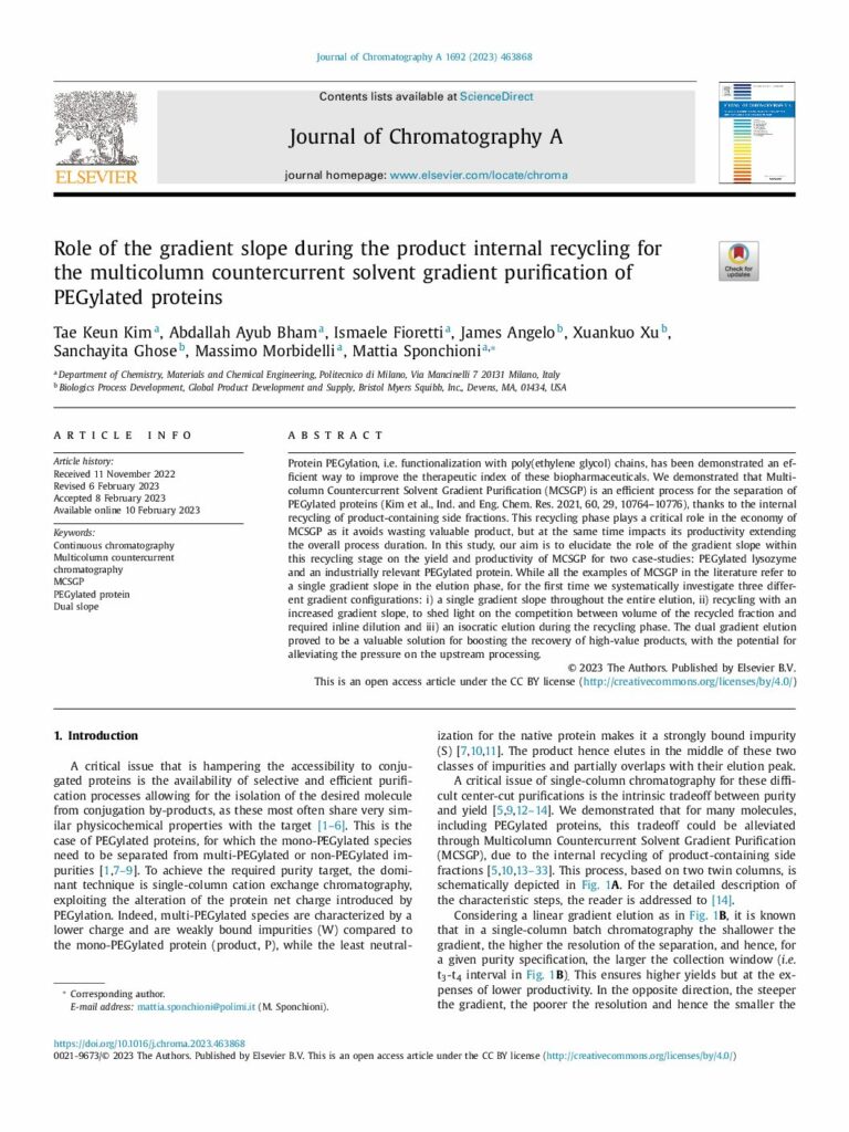 Role of the gradient slope during the product internal recycling for the multicolumn countercurrent solvent gradient purification of PEGylated proteins, J. Chromatogr. A