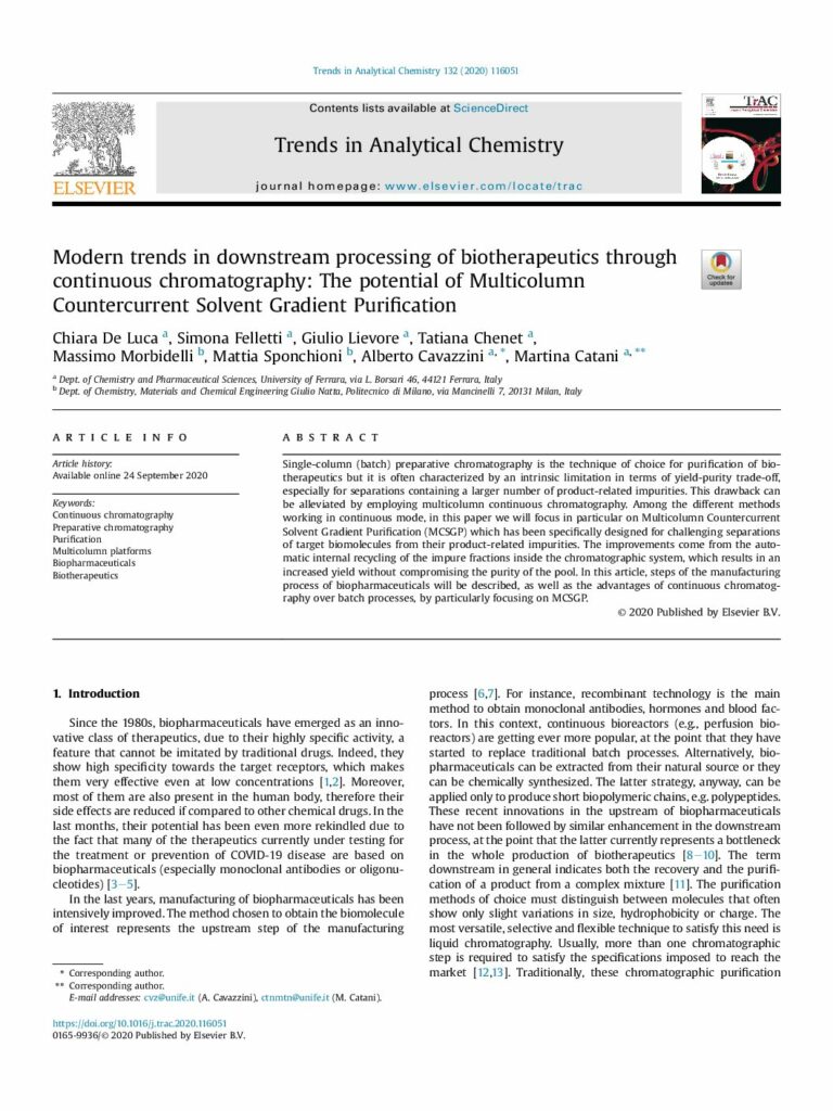 Moderne Trends im Downstream-Processing von Biotherapeutika durch kontinuierliche Chromatographie: Das Potenzial der Multicolumn Countercurrent Solvent Gradient Purification, Trends Anal. Chem.