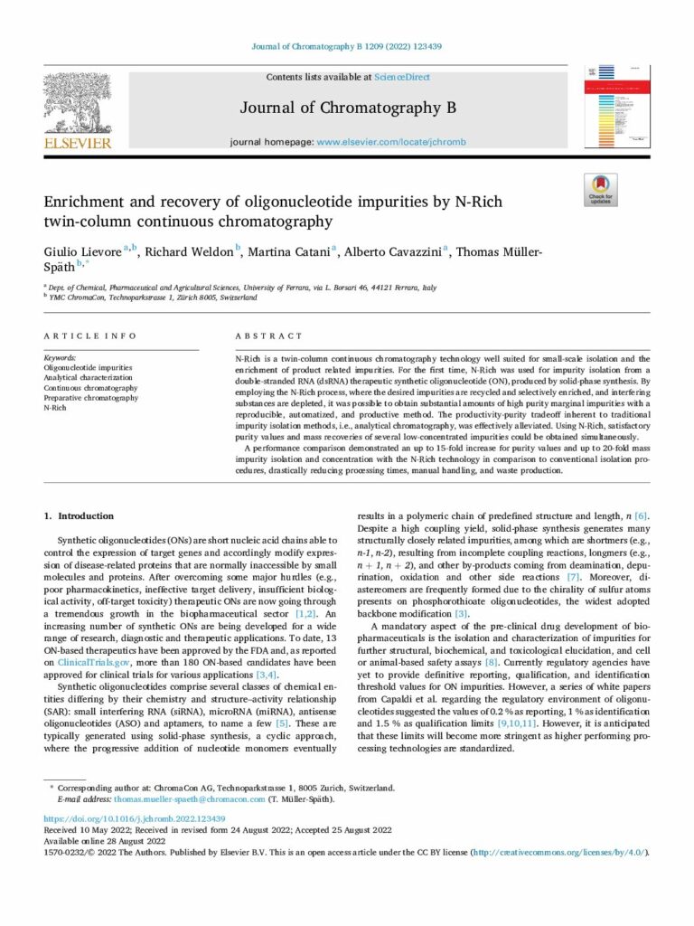 Anreicherung und Rückgewinnung von Oligonukleotid-Verunreinigungen mittels N-Rich Zweikolonnen-Kontinuierlichchromatographie, J. Chromatogr. B