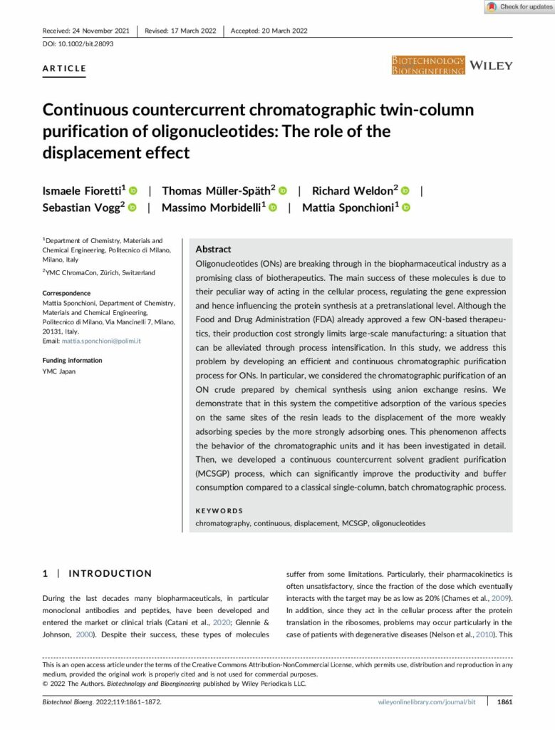 Kontinuierliche Gegenstrom-Chromatographie-Zwillingsäulen-Reinigung von Oligonukleotiden: Die Rolle des Verdrängungseffekts, J. Chromatogr. A