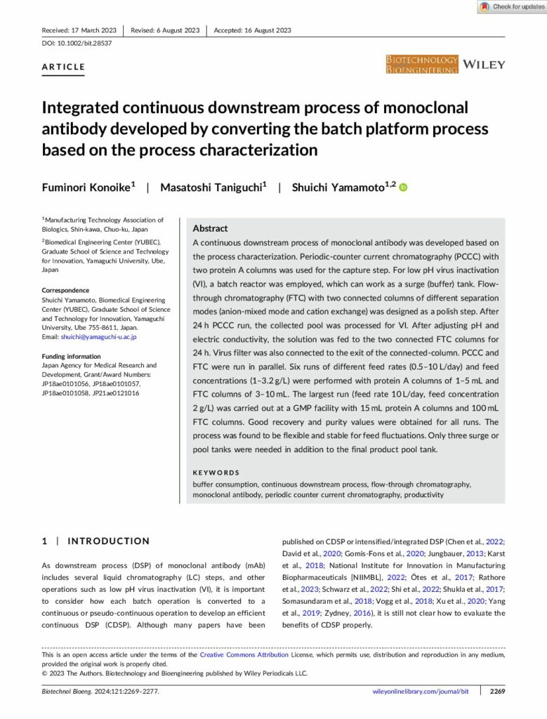 Integrierter kontinuierlicher Downstream-Prozess für monoklonale Antikörper, entwickelt durch Umwandlung des Batch-Plattformprozesses auf Basis der Prozesscharakterisierung