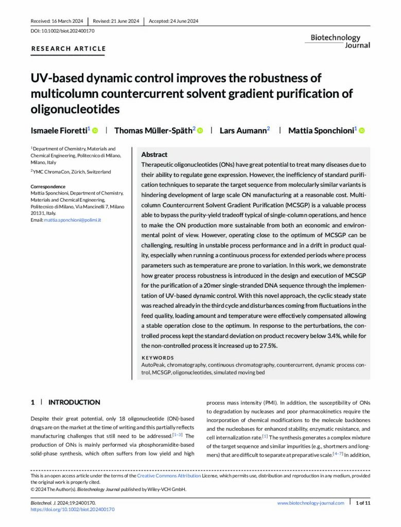 UV-basierte dynamische Steuerung verbessert die Robustheit der Mehrsäulen-Gegenstrom-Lösungsmittelgradientenreinigung von Oligonukleotiden, Biotechnol. J.