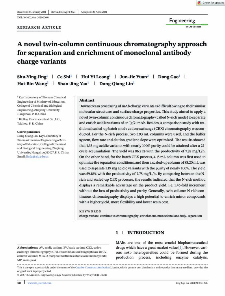 Ein neuartiger Twin-Column-Continuous-Chromatography-Ansatz zur Trennung und Anreicherung von Ladungsvarianten monoklonaler Antikörper, Eng. Life Sci.