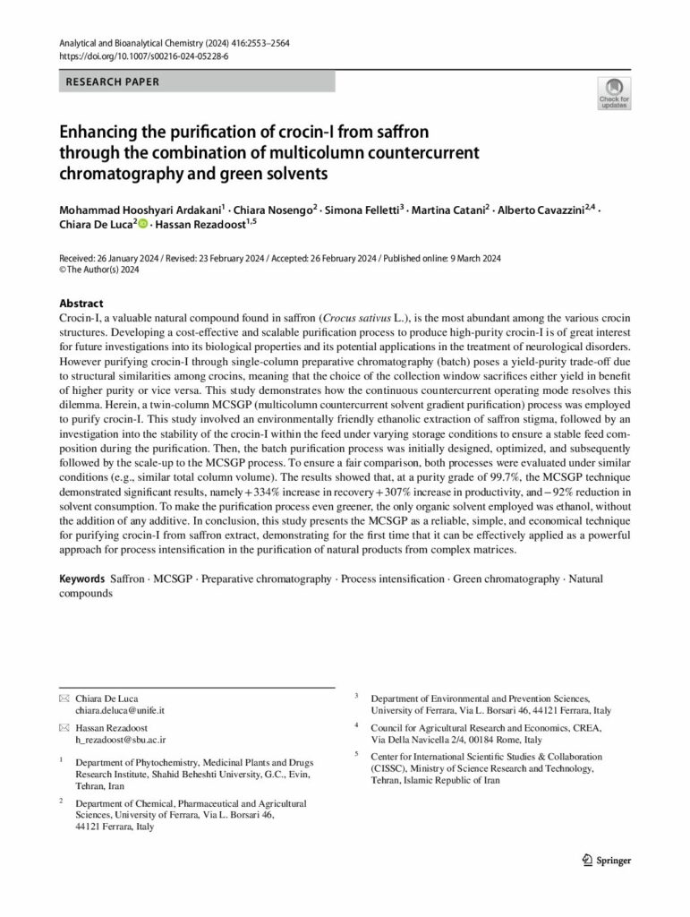 Enhancing the purification of crocin-I from saffron through the combination of multicolumn countercurrent chromatography and green solvents, Anal. Bioanal. Chem.