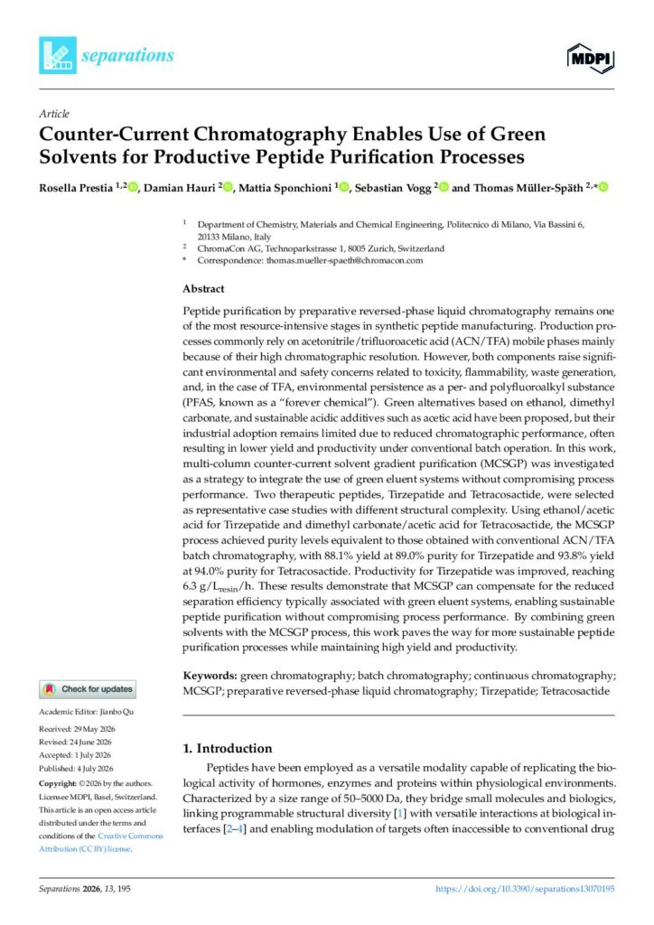 Counter-Current Chromatography Enables Use of Green Solvents for Productive Peptide Purification Processes